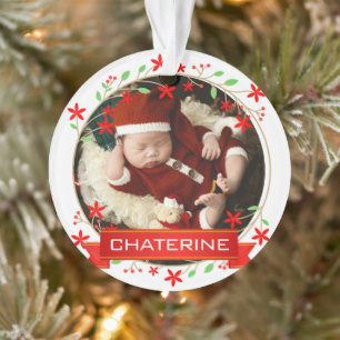 Festive Red Poinsettia Floral Baby First Christmas Ornament