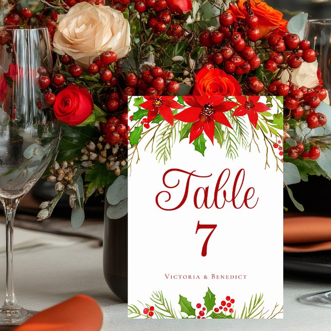 Festive Red Poinsettia Floral Holiday Wedding Table Number (Creator Uploaded)