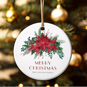 Festive Red Poinsettia Floral Merry Christmas Ceramic Tree Decoration