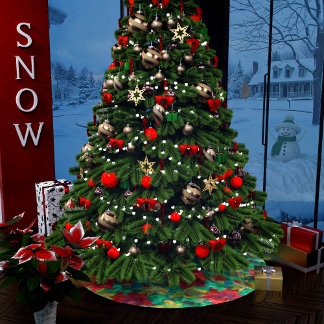 Festive Red Poinsettia Floral Pattern Brushed Polyester Tree Skirt