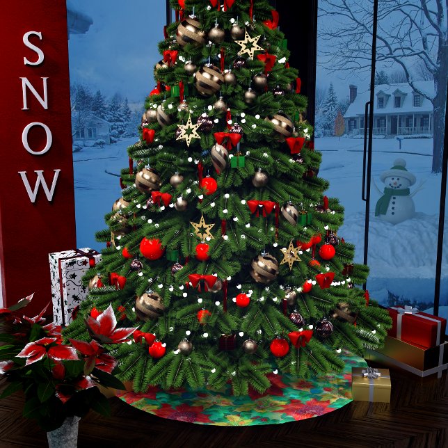 Festive Red Poinsettia Floral Pattern Brushed Polyester Tree Skirt (Creator Uploaded)