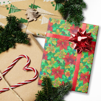 Festive Red Poinsettia Floral Pattern Wrapping Paper