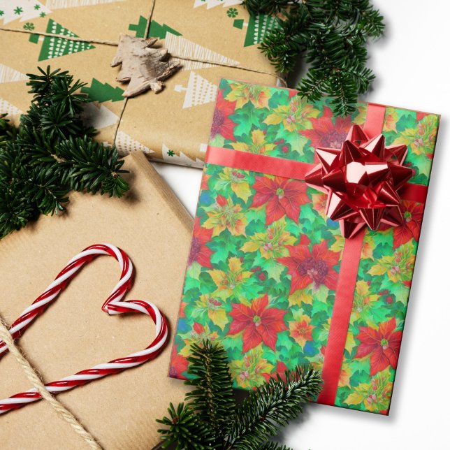 Festive Red Poinsettia Floral Pattern  Wrapping Paper (Creator Uploaded)