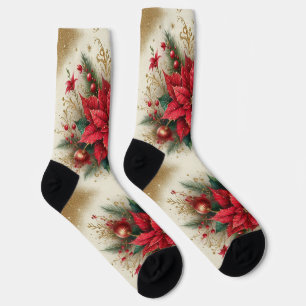Festive Red Poinsettia Glitter Floral Crew Socks