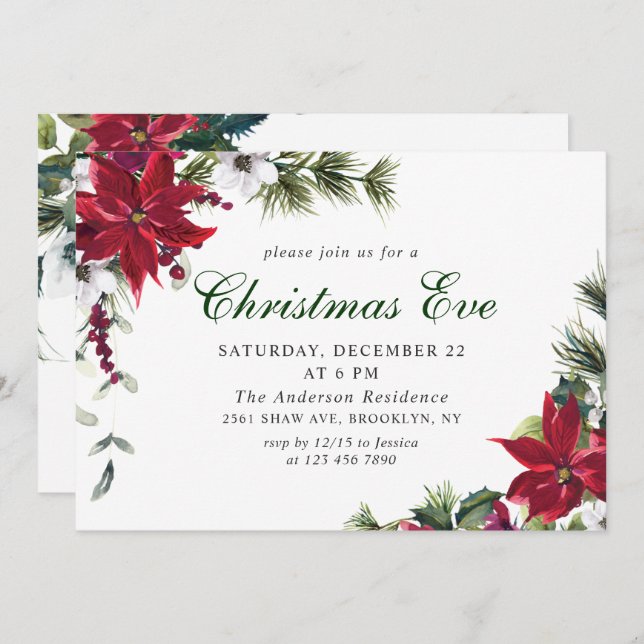 Festive Red Poinsettia Holiday Christmas Eve Party Invitation (Front/Back)