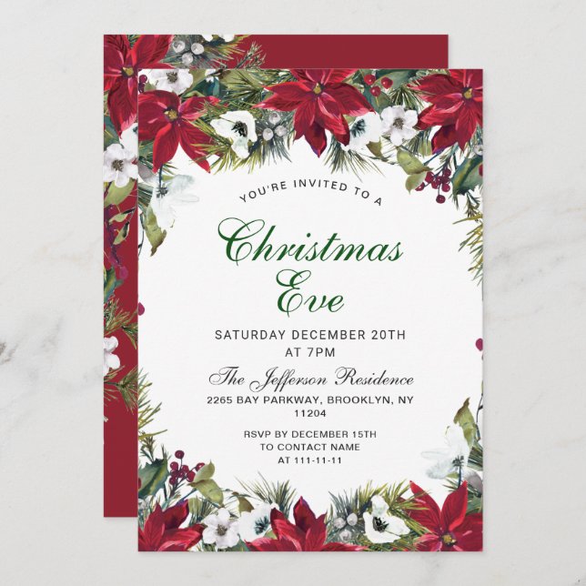 Festive Red Poinsettia Holiday Christmas Eve Party Invitation (Front/Back)