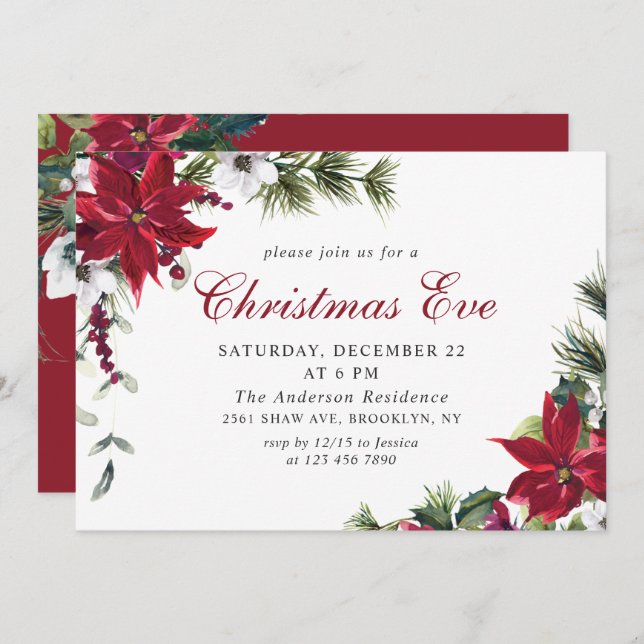 Festive Red Poinsettia Holiday Christmas Eve Party Invitation (Front/Back)