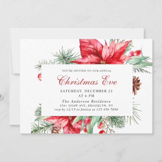 Festive Red Poinsettia Holiday Christmas Eve Party Invitation (Front)