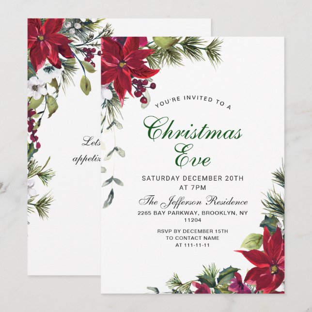 Festive Red Poinsettia Holiday Christmas Eve Party Invitation (Front/Back)