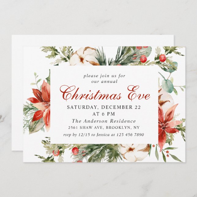 Festive Red Poinsettia Holiday Christmas Eve Party Invitation (Front/Back)