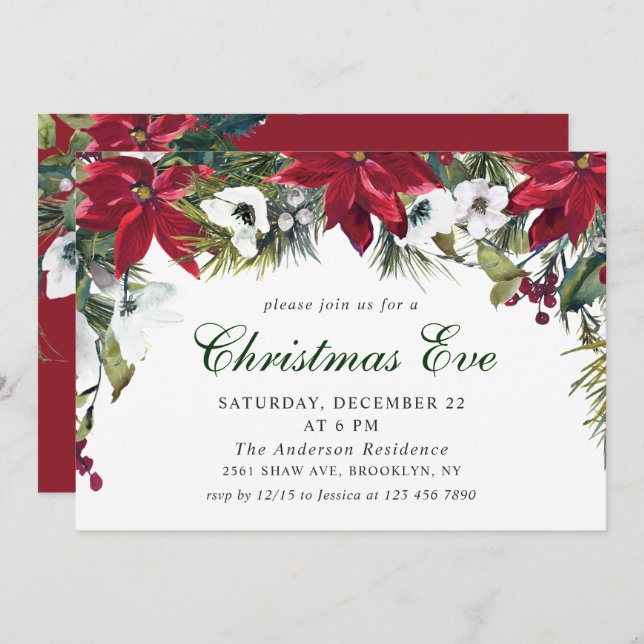 Festive Red Poinsettia Holiday Christmas Eve Party Invitation (Front/Back)