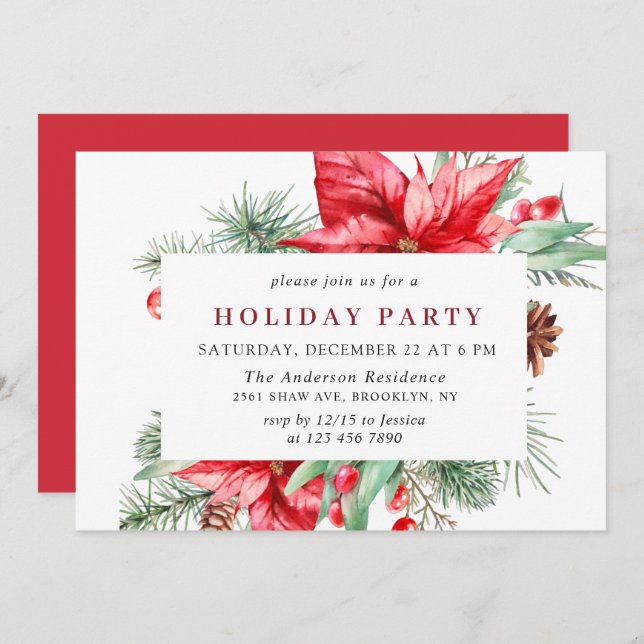 Festive Red Poinsettia Holiday Christmas Party Inv Invitation (Front/Back)