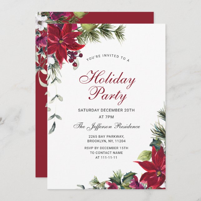 Festive Red Poinsettia Holiday Christmas Party Invitation (Front/Back)