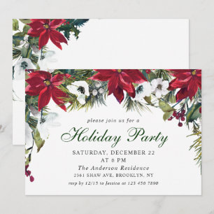 Festive Red Poinsettia Holiday Christmas Party Invitation