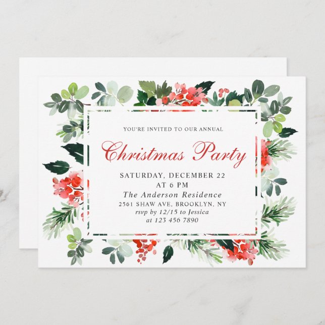 Festive Red Poinsettia Holiday Christmas Party Invitation (Front/Back)