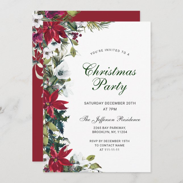 Festive Red Poinsettia Holiday Christmas Party Invitation (Front/Back)