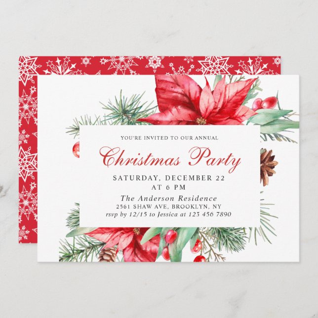 Festive Red Poinsettia Holiday Christmas Party Invitation (Front/Back)