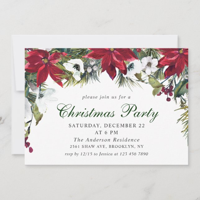 Festive Red Poinsettia Holiday Christmas Party Invitation (Front)