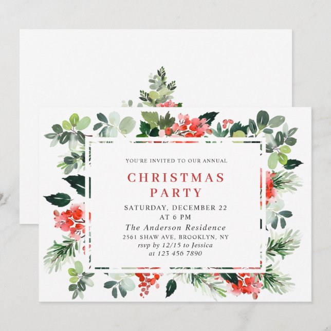 Festive Red Poinsettia Holiday Christmas Party Invitation (Front/Back)