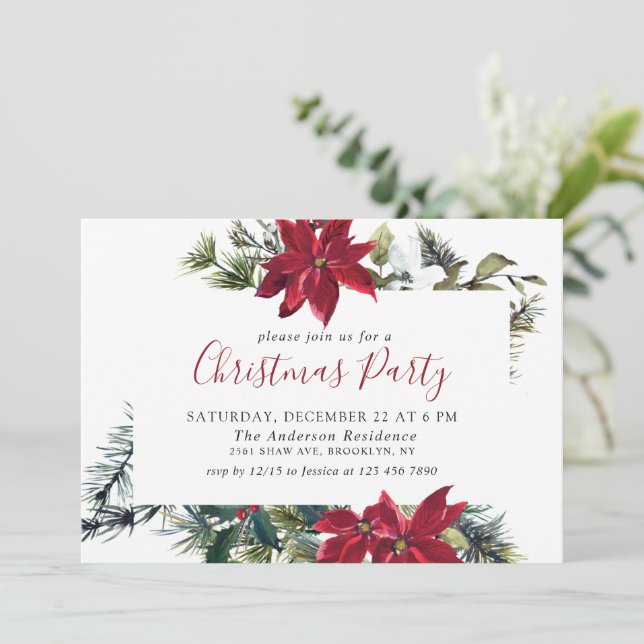 Festive Red Poinsettia Holiday Christmas Party Invitation (Standing Front)