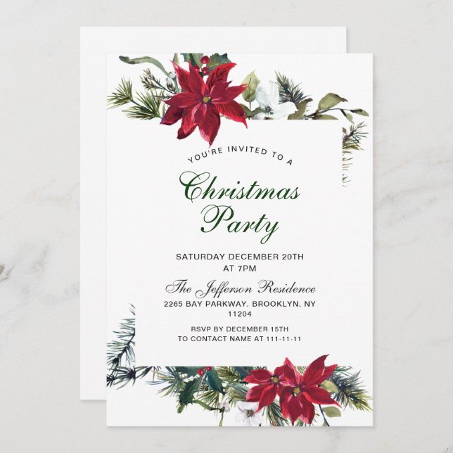Festive Red Poinsettia Holiday Christmas Party Invitation (Front/Back)