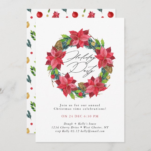 Festive Red Poinsettia Holiday Party Invitation (Front/Back)