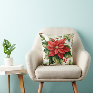 Festive Red Poinsettia Holly Berries Christmas Cushion