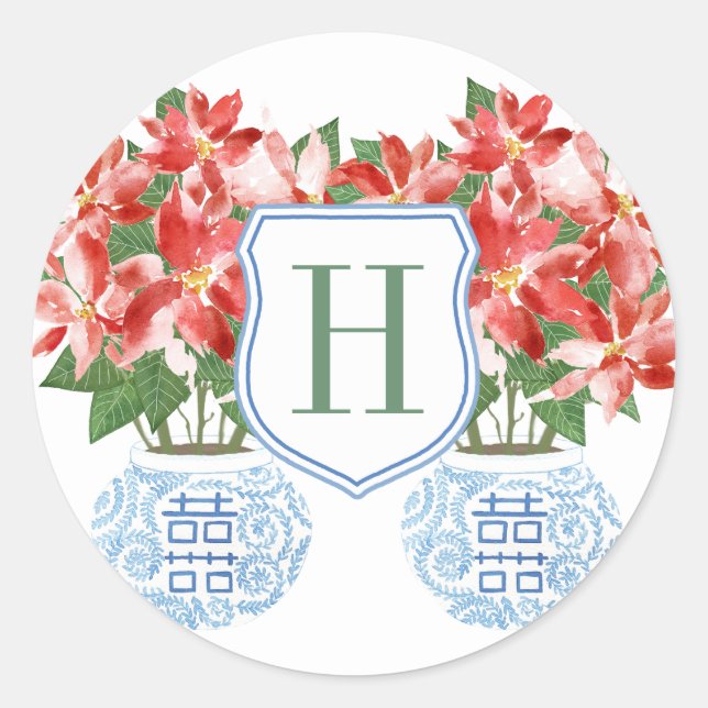 Festive Red Poinsettia Monogram Christmas Holidays Classic Round Sticker (Front)