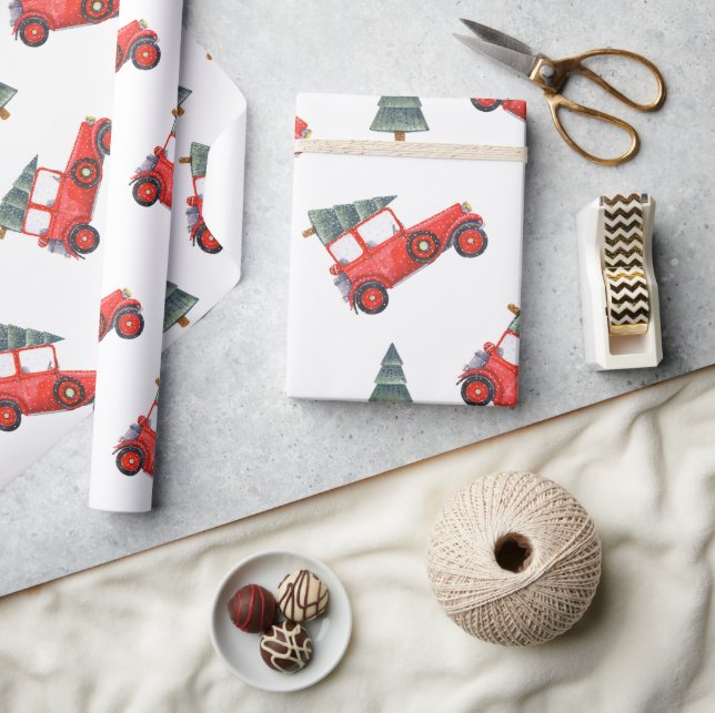 Festive Red Retro Car & Christmas Tree Pattern Wrapping Paper (Crafts)