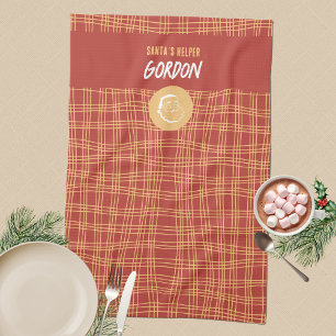 Festive Red Retro Grid Santa Helper Christmas Tea Towel