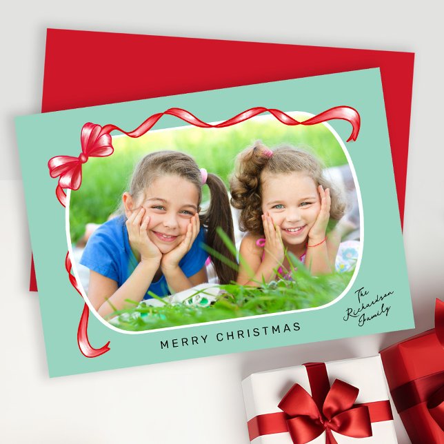 Festive Red Ribbon and Bow Curved Photo Christmas Holiday Card (Creator Uploaded)