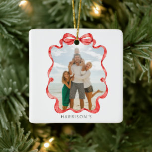 Festive Red Ribbon Photo Ceramic Ornament
