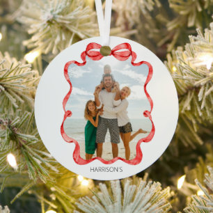 Festive Red Ribbon Photo Metal Tree Decoration