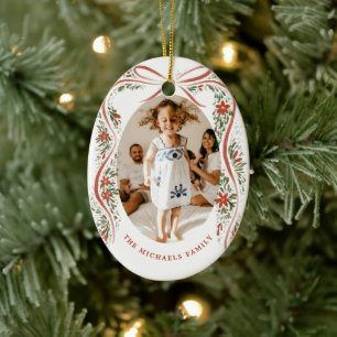 Festive Red Ribbon with Poinsettias and Greenery Ceramic Tree Decoration