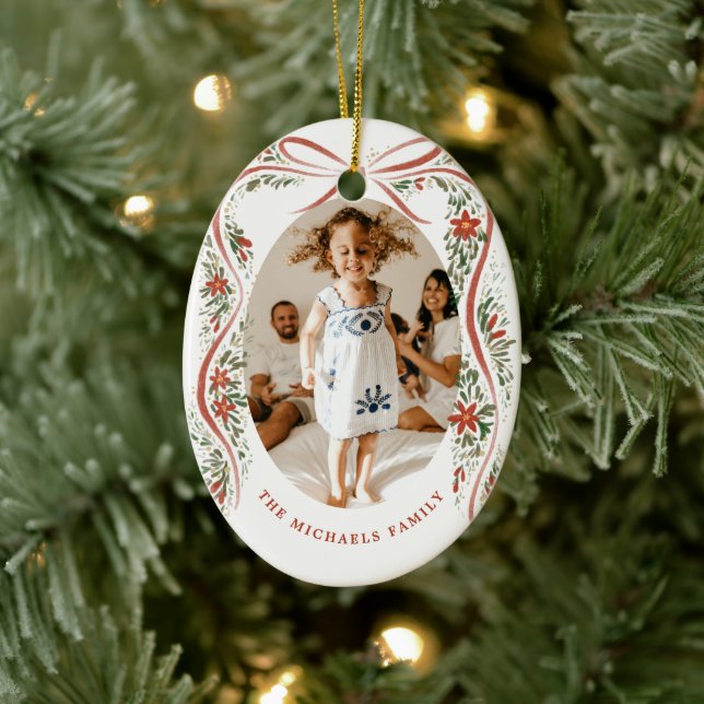 Festive Red Ribbon with Poinsettias and Greenery Ceramic Tree Decoration (Tree)
