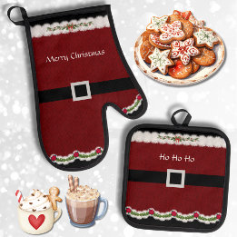 Festive Red Santa Belt Christmas Oven Mitt & Pot Holder Set