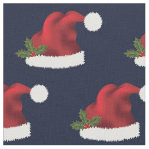 Festive Red Santa Hat With Christmas Holly Blue Fabric