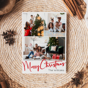 Festive Red Scrip Vertical 3 Photo Christmas Holiday Card
