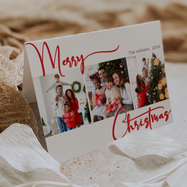 Festive Red Script Folded Three Photo Christmas  Holiday Card (Creator Uploaded)