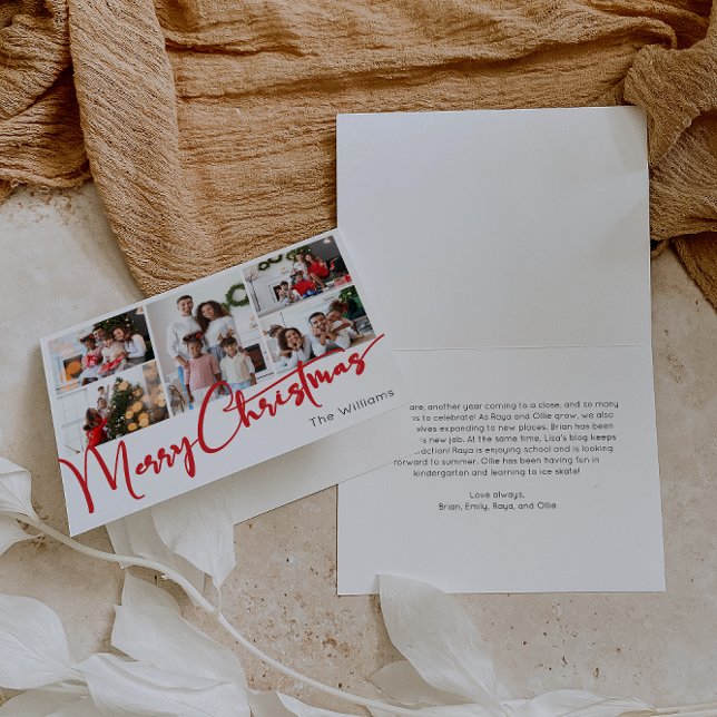 Festive Red Script Merry Christmas Folded 5 Photo Holiday Card (Creator Uploaded)