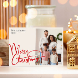 Festive Red Script Merry Christmas One Photo Holiday Card