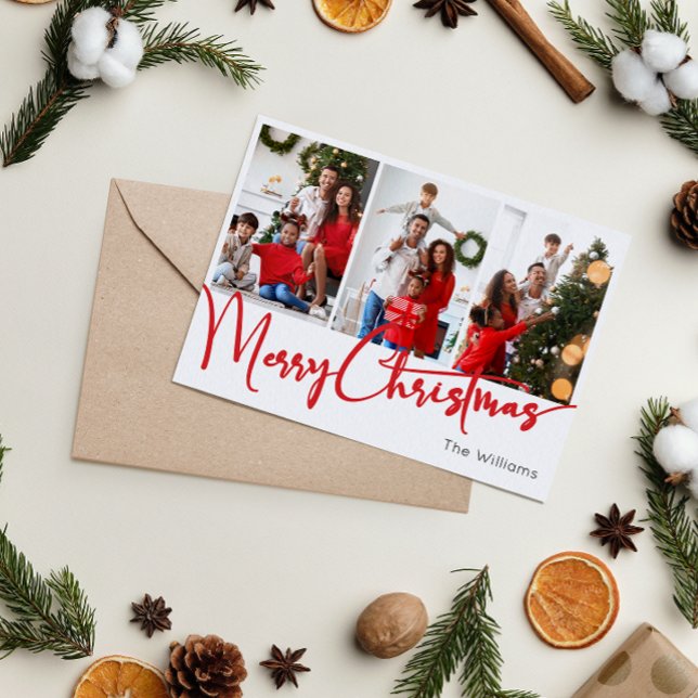 Festive Red Script Merry Christmas Six Photo Holiday Card (Creator Uploaded)