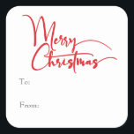 Festive Red Script Merry Christmas To From Square Sticker<br><div class="desc">Celebrate the season with this festive red script Merry Christmas to from square sticker featuring a touch of elegant charm. The chic design showcases a simple red-and-white colour palette, evoking the cosy spirit of winter. Its modern and unique appeal and rustic wording create a perfect balance between seasonal and contemporary....</div>