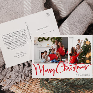 Festive Red Script Merry Christmas Two Photo Holiday Postcard