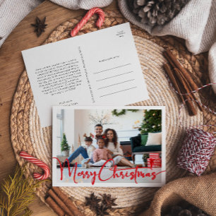 Festive Red Script Merry Christmas Year In Review Holiday Postcard