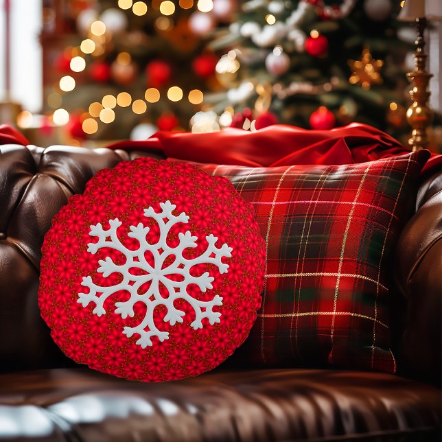 Festive Red Snowflake Decorative Accent  Round Cushion (Classic Red and White Snowflake Round Decorative Pillow)
