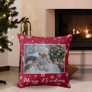 Festive Red Snowflakes Merry Christmas Photo Cushion