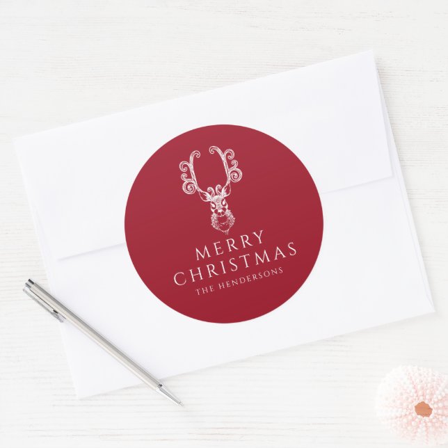 Festive Red Stag Merry Christmas  Classic Round Sticker (Envelope)