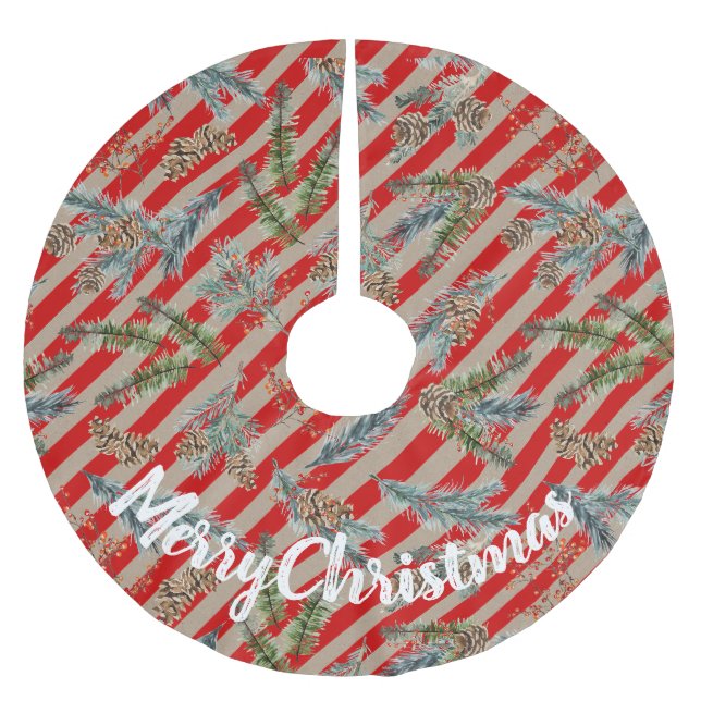 Festive Red Stripe Pine Spruce Cones Kraft Holiday Brushed Polyester Tree Skirt (Front)