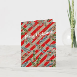 Festive Red Stripe Pine Spruce Cones Kraft Holiday Card